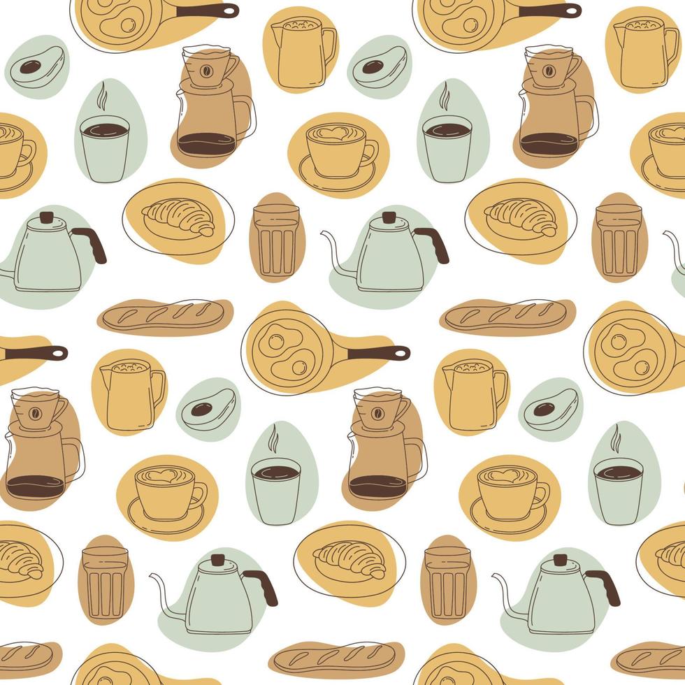 ontbijt naadloos patroon met cappuccino, kopjes, koffiepot, melk, croissant, eieren, brood, avocado en abstracte vormen. vector