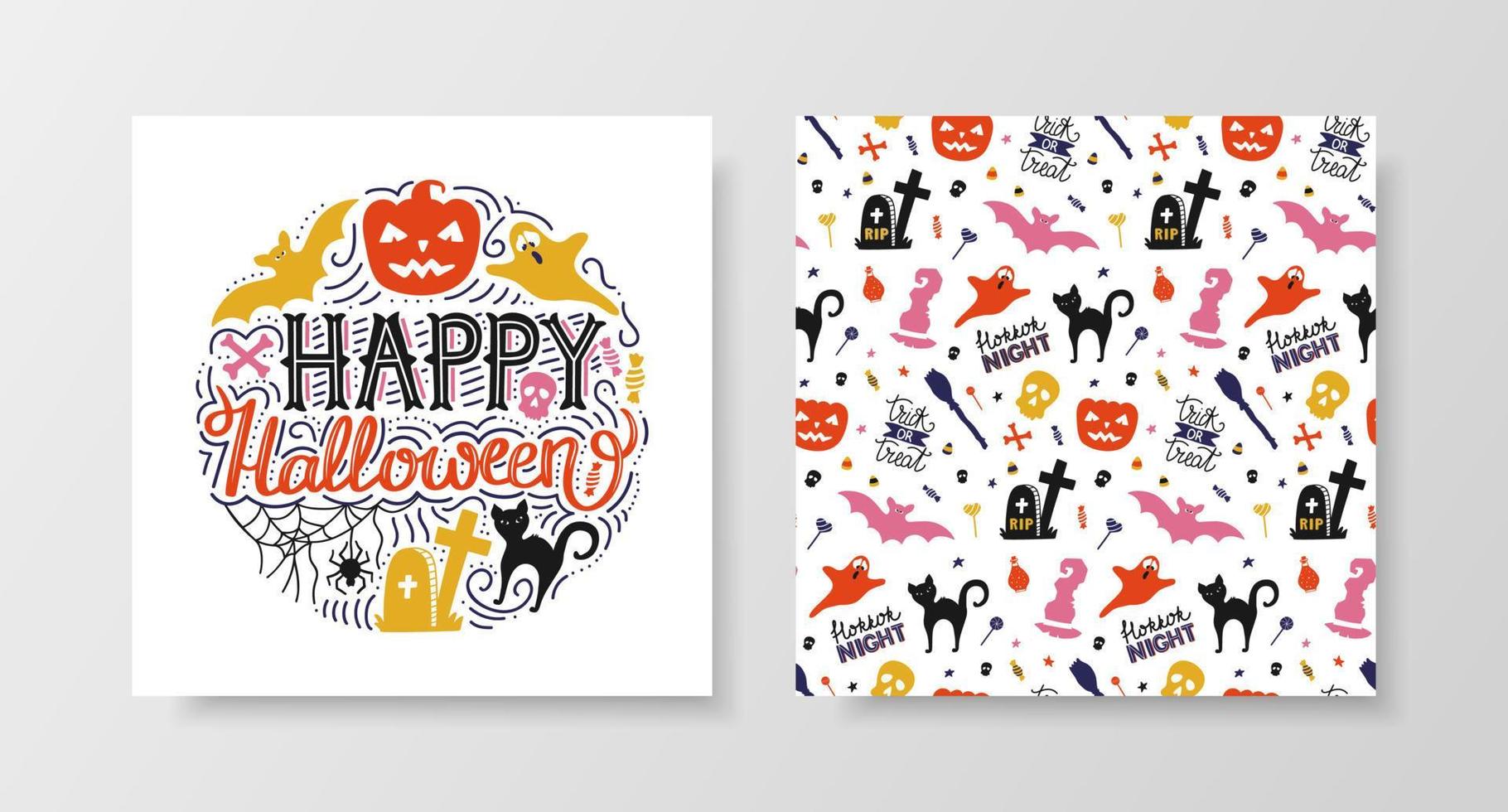 happy halloween set met belettering en naadloos patroon. vector