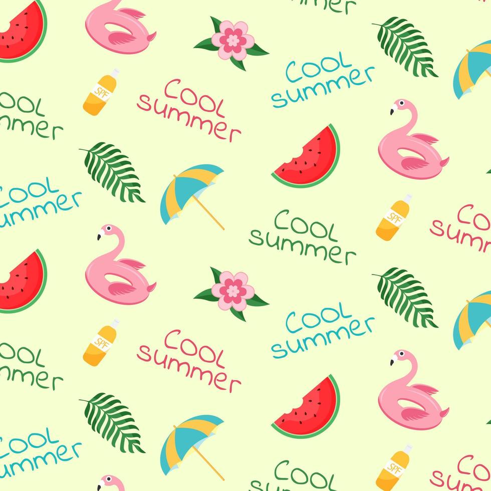 patroon. zomer achtergrond. leuke zomerpictogrammen, kleding, drankjes, tropische bladeren, fruit. textuur voor inpakpapier, stof, ansichtkaarten. vector. vector