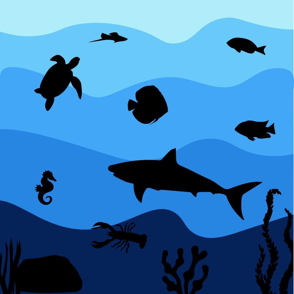 silhouetten van zeedieren in de zee. mariene achtergrond. vectorillustratie. vector
