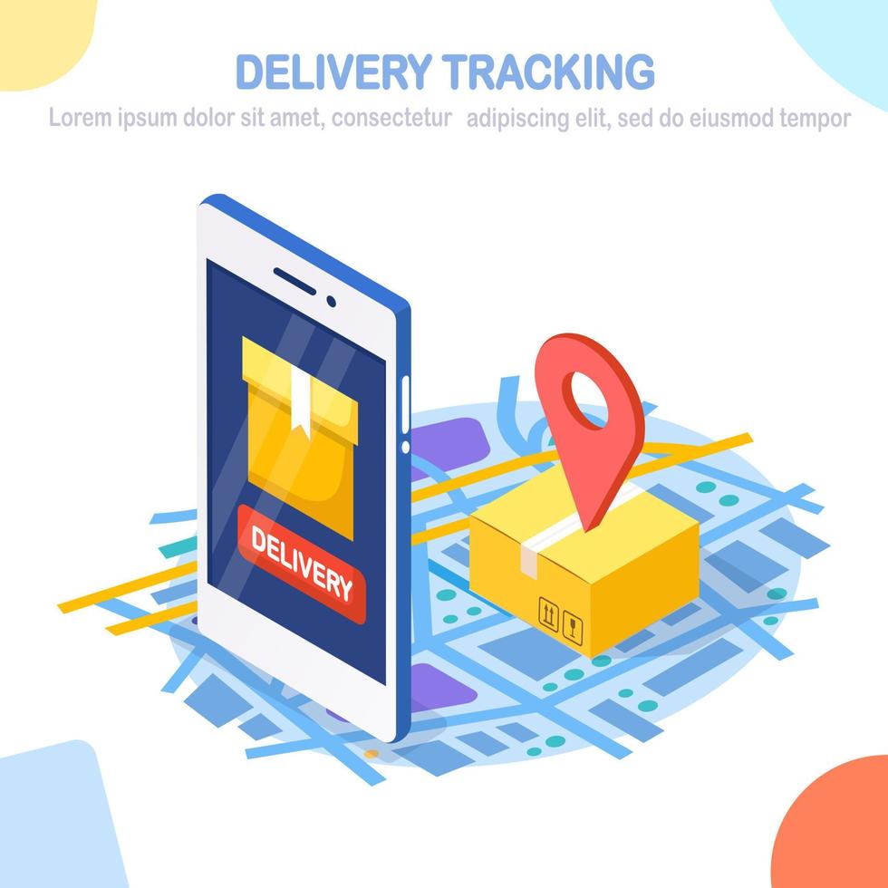 bestelling volgen. isometrische 3D-telefoon met app voor bezorgservice. verzending van doos, vrachtvervoer; vector