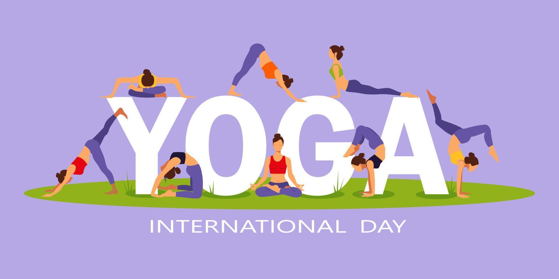 internationale yogadag. yoga lichaamshoudingen. groep vrouw die yoga beoefent. vector