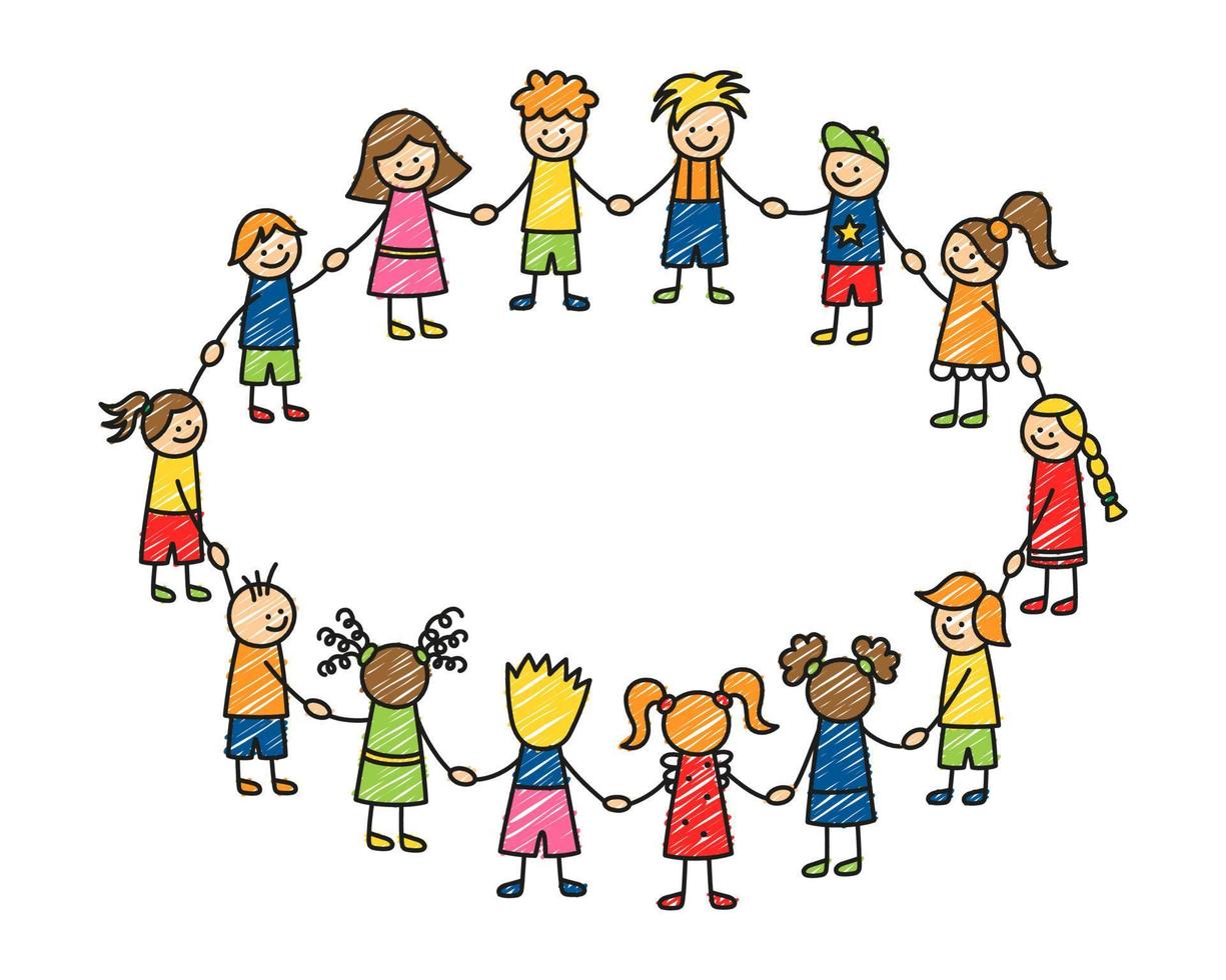 gelukkige doodle stok kinderen hand in hand. hand getekende grappige kinderen in cirkel. kinderen vriendschap concept. doodle kinderen gemeenschap. vectorillustratie geïsoleerd op een witte achtergrond vector