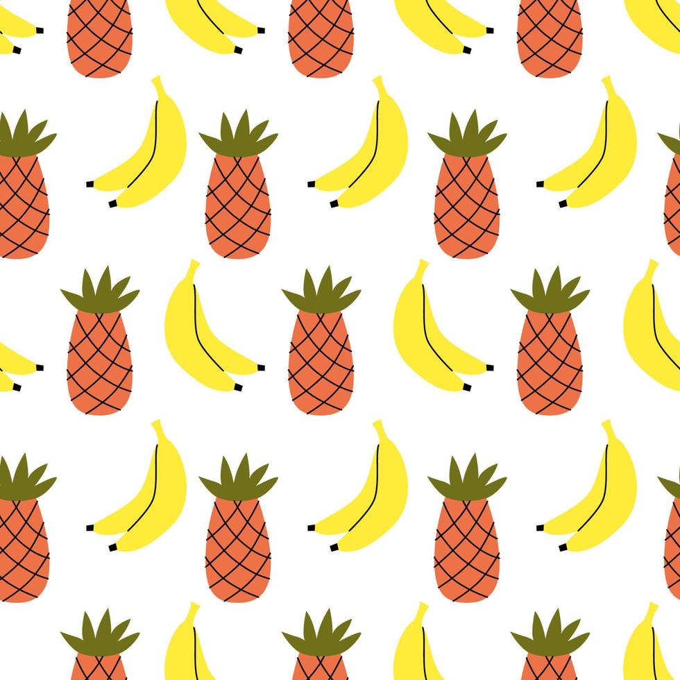 banaan en ananas naadloos patroon. zomer esthetische achtergrond. vector naïeve illustratie om af te drukken, textiel.