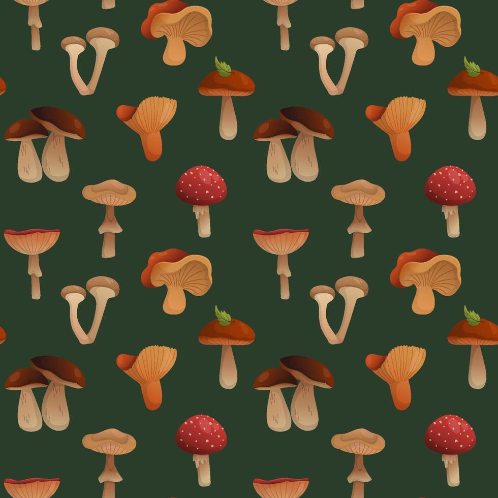 vectorpatroon met champignons op een donkergroene achtergrond vector