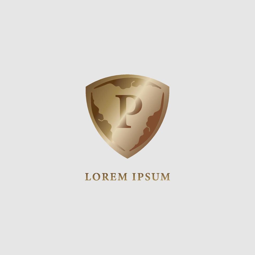 letter p alfabet logo ontwerpsjabloon. luxe gouden decoratieve schild teken illustratie. eerste abjad bedrijfslogo. veiligheid, bescherming logo concept geïsoleerd op lichtgrijze achtergrond vector