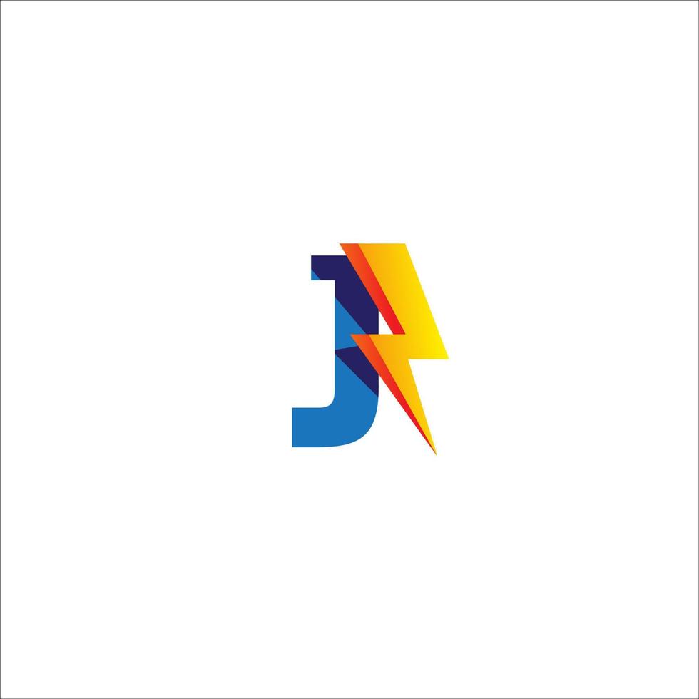 j brief eerste logo ontwerpsjabloon. alfabet met donder vorm logo concept. geïsoleerd op een witte achtergrond. blauw en geel oranje gradatie kleurenthema. vector