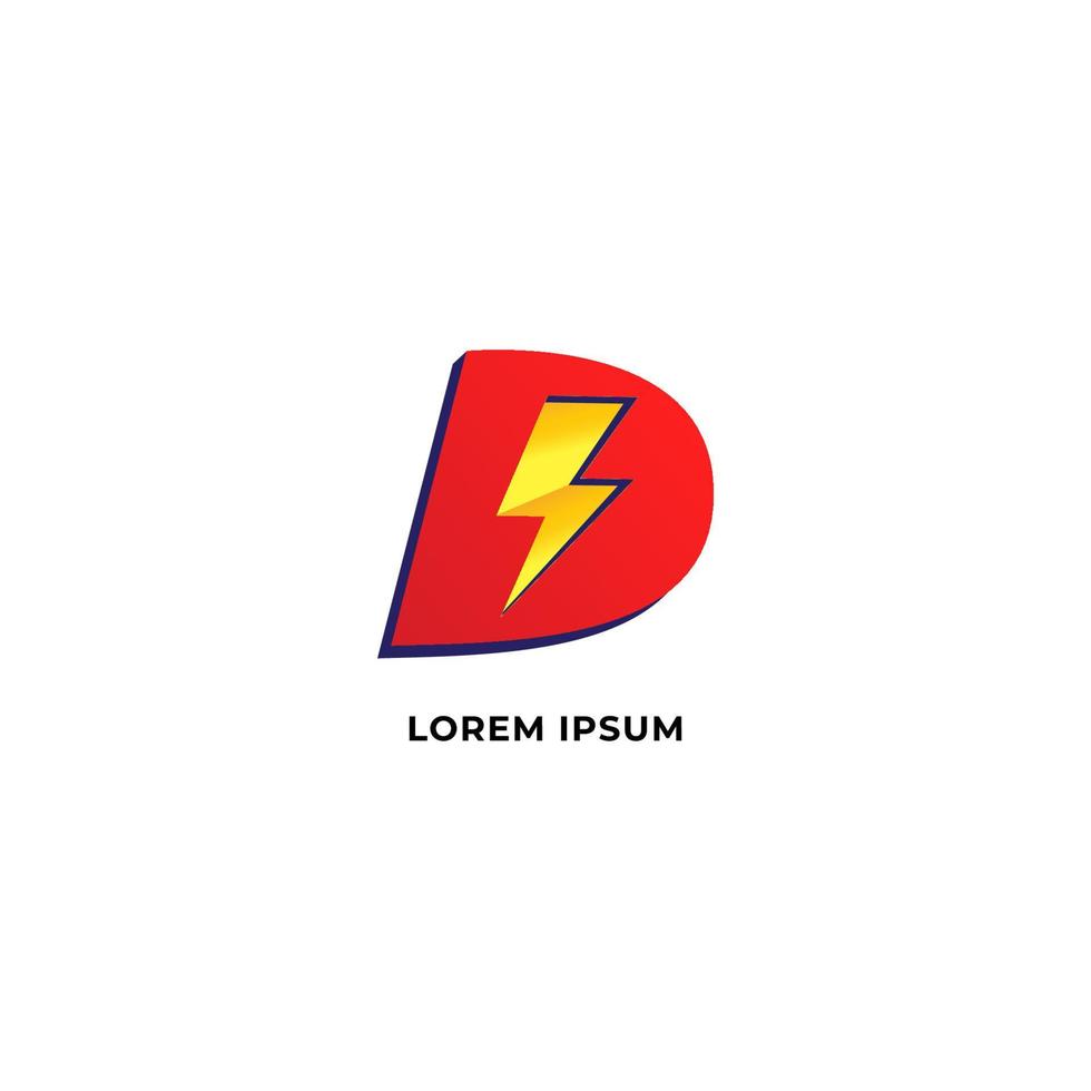 letter d eerste logo ontwerpsjabloon geïsoleerd op een witte achtergrond. alfabet met donder pictogram logo concept. rood, geel oranje gradatie kleurenthema. vector