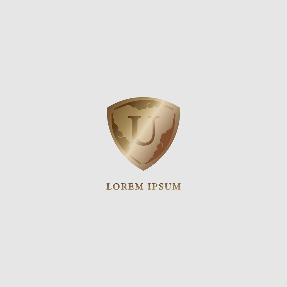 letter u alfabet logo ontwerpsjabloon. luxe gouden decoratieve schild teken illustratie. veiligheid, bescherming logo concept. eerste abjad bedrijfslogo geïsoleerd op lichtgrijze achtergrond vector