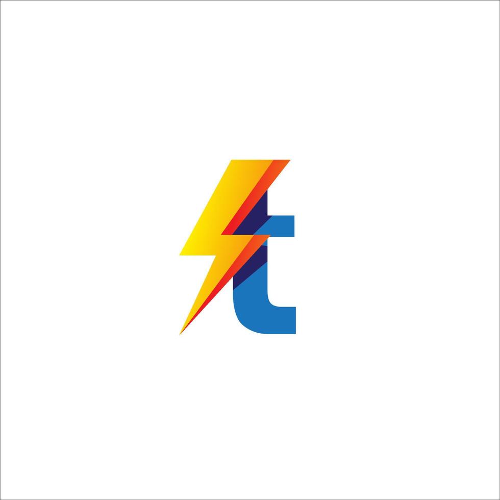kleine letter t eerste logo ontwerp lettersjabloon geïsoleerd op een witte achtergrond. alfabet met donder vorm logo concept. blauw en geel oranje gradatie kleurenthema. vector