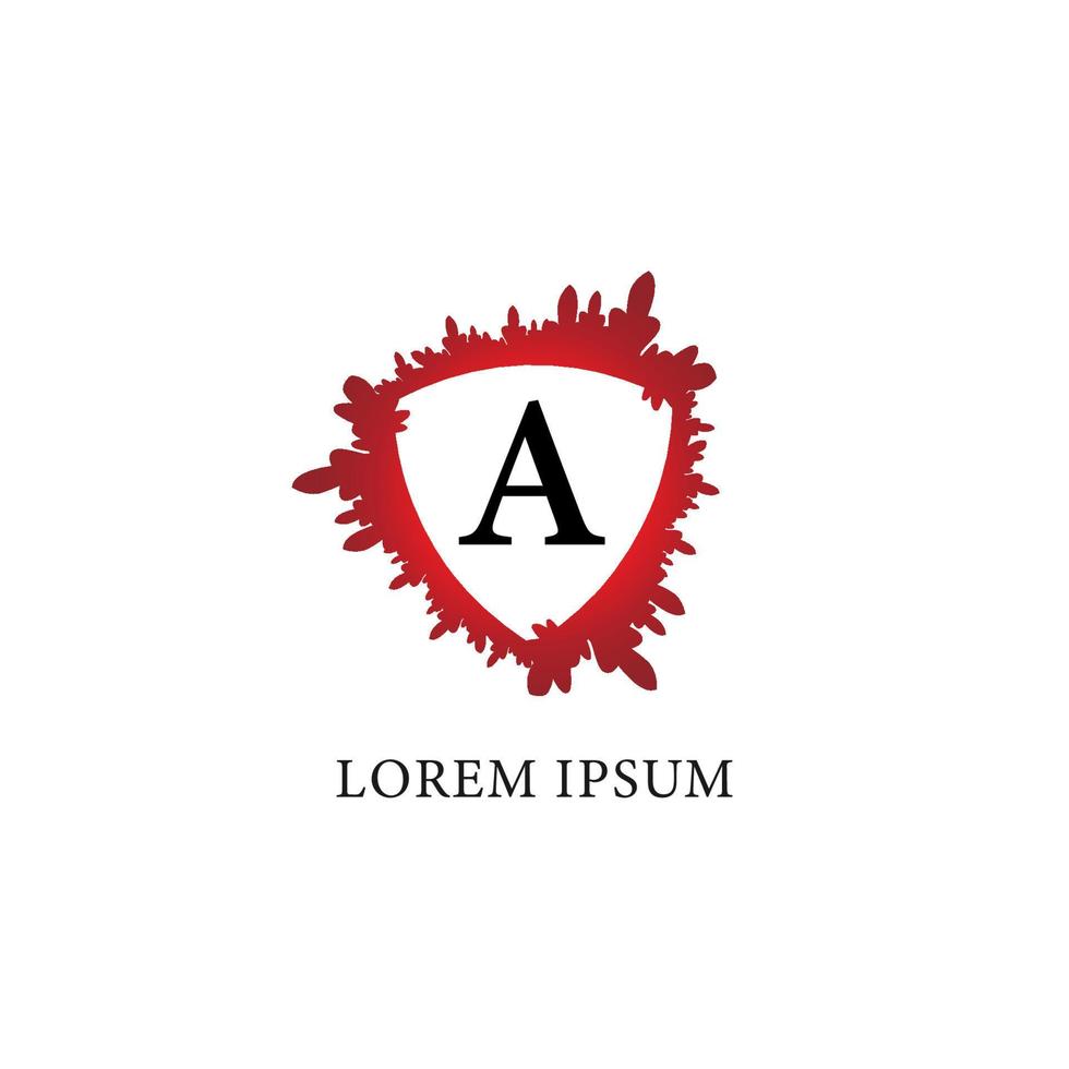 letter een alfabet logo ontwerpsjabloon. scheutje bloed met schildvorm in het midden. geïsoleerd op een witte achtergrond. verzekering, bescherming, horror, veiligheid. eerste abjad logo concept vector