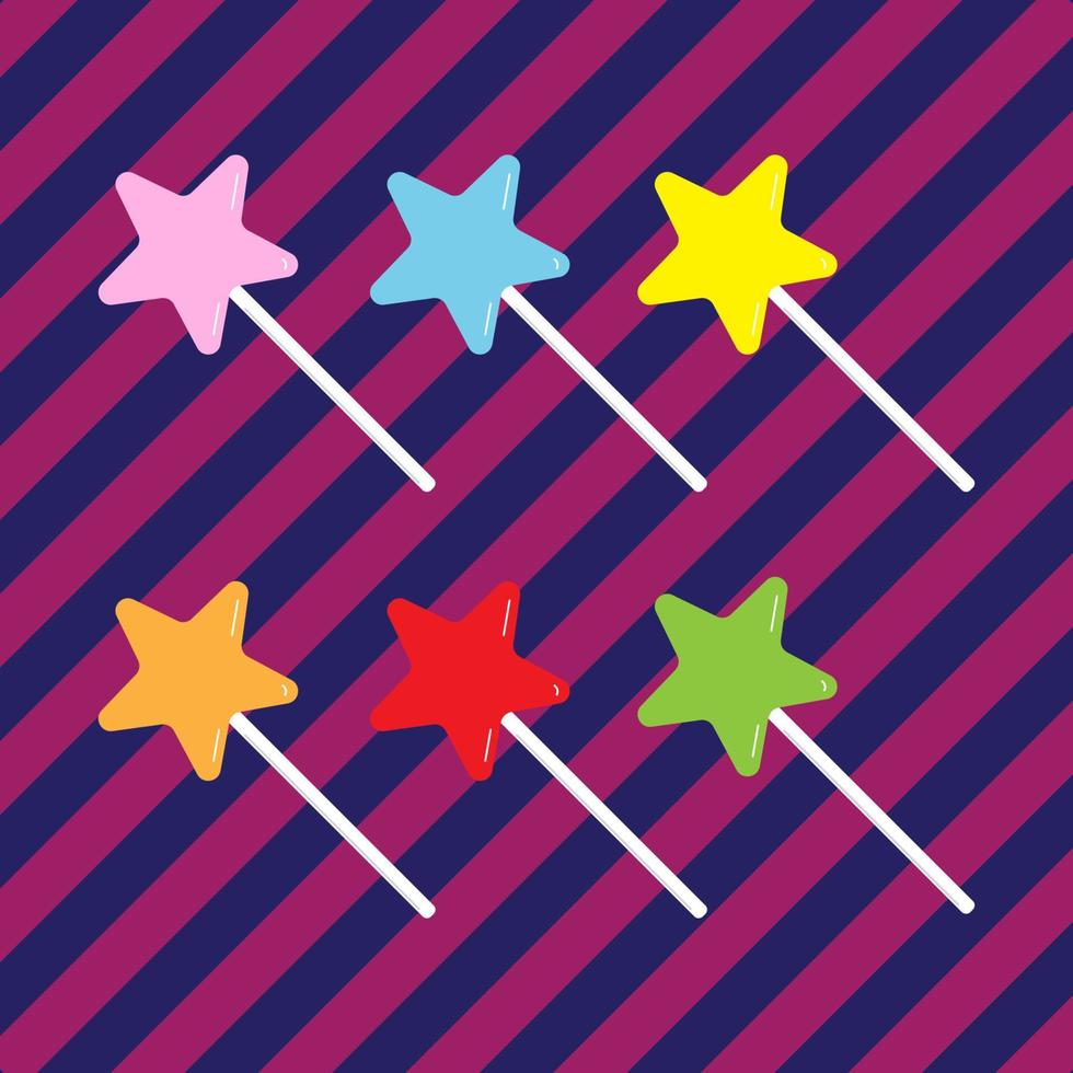 kleurrijke set stervorm lolly snoep vectorillustratie. magische star stick voorraad element ontwerpsjabloon. roze, lichtblauwe, gele, oranje, rode en groene optiekleur. vector