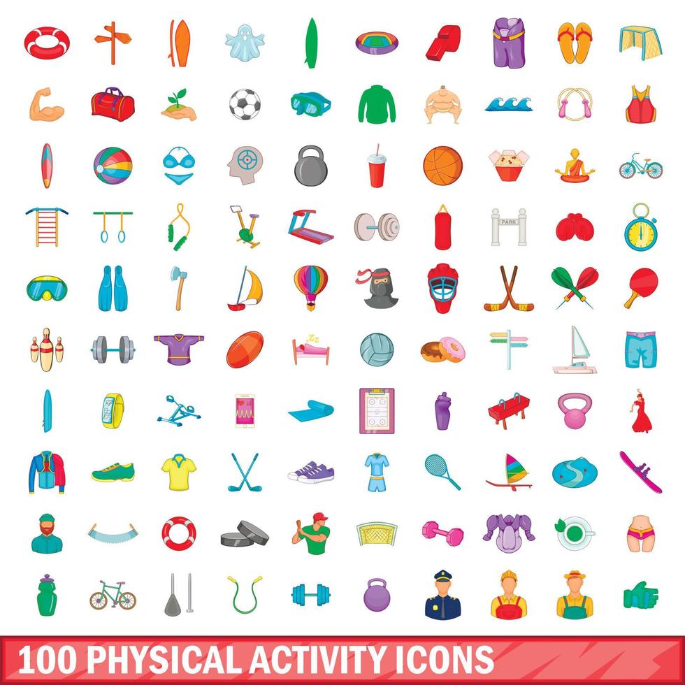 100 fysieke activiteit iconen set, cartoon stijl vector