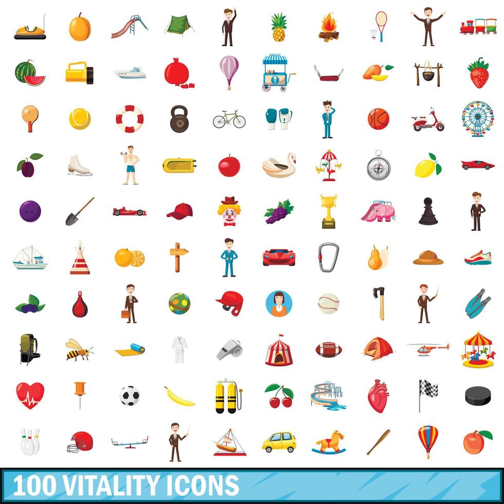 100 vitaliteit iconen set, cartoon stijl vector