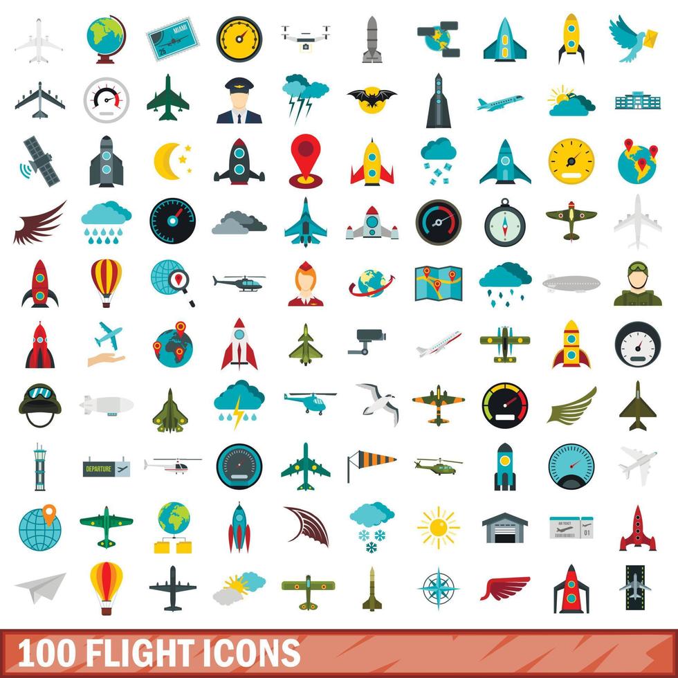 100 vlucht iconen set, vlakke stijl vector
