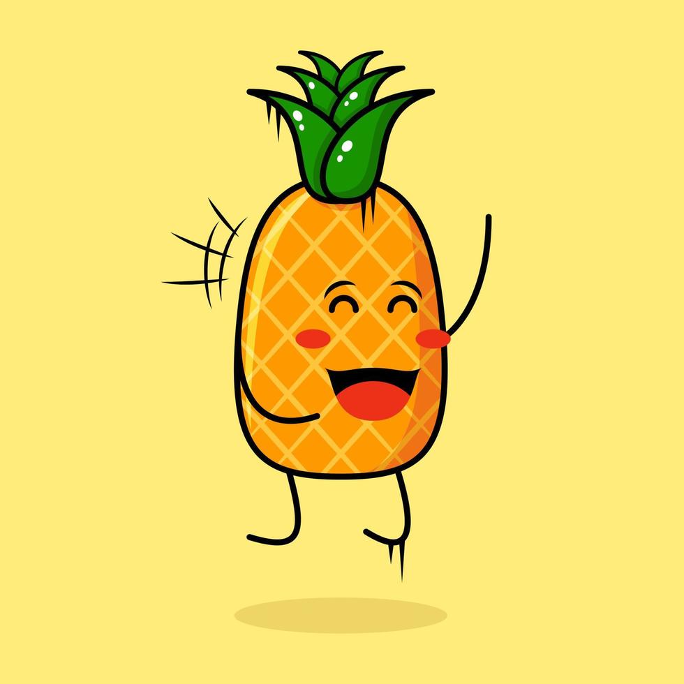 schattig ananaskarakter met gelukkige uitdrukking, sprong, sluit de ogen en open mond. groen en geel. geschikt voor emoticon, logo, mascotte vector