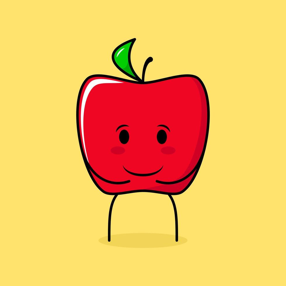 schattig rood appelkarakter met glimlach en gelukkige uitdrukking, beide handen op de buik. groen en rood. geschikt voor emoticon, logo, mascotte en icoon vector