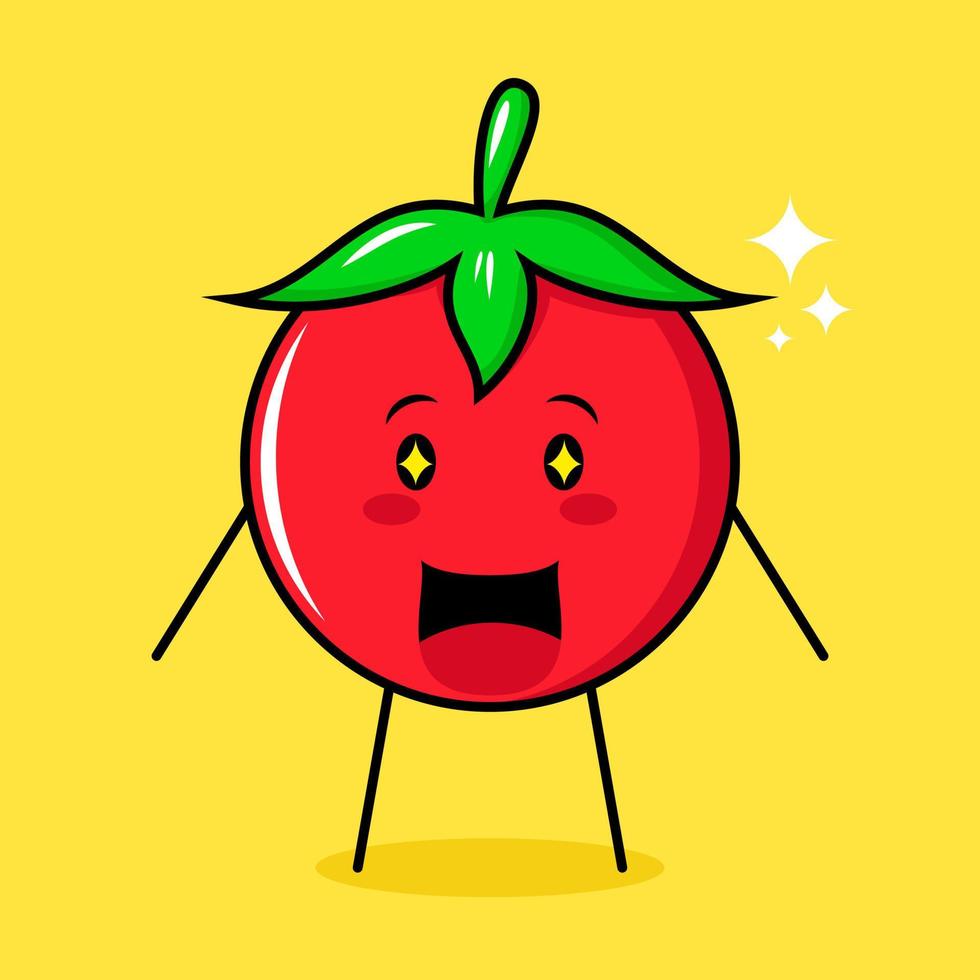 schattig tomatenkarakter met vrolijke uitdrukking, open mond en sprankelende ogen. groen, rood en geel. geschikt voor emoticon, logo, mascotte vector