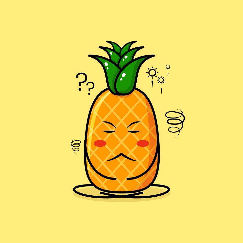 schattig ananaskarakter met denkende uitdrukking, sluit de ogen en zit met gekruiste benen. groen en geel. geschikt voor emoticon, logo, mascotte vector