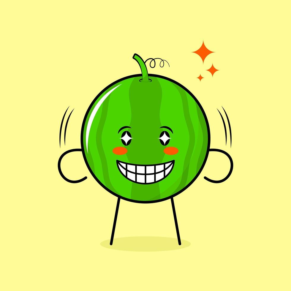 schattig watermeloenkarakter met vrolijke uitdrukking, sprankelende ogen en glimlachen. groen en geel. geschikt voor emoticon, logo, mascotte vector