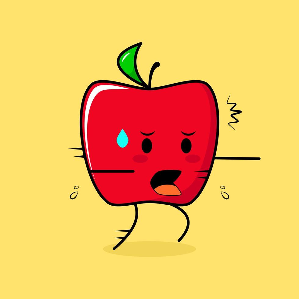 schattig rood appelkarakter met bange uitdrukking en rennen. groen en rood. geschikt voor emoticon, logo, mascotte of sticker vector
