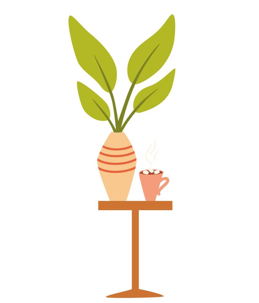 nachtkastje met een bloem en een kopje koffie. modern interieur van de woonkamer. interieurartikelen voor thuis, drukwerk, posters en tijdschriften. vectorillustratie geïsoleerd op een witte achtergrond vector