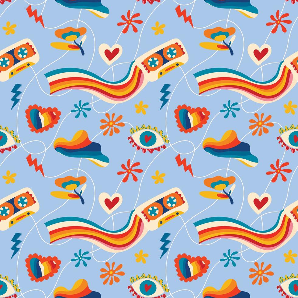 psychedelische naadloze patronen in retro jaren 70-stijl, hippie-achtergronden. tiener cartoon funky print met abstracte felle kleuren, sterren, zon, gekke kersen vector