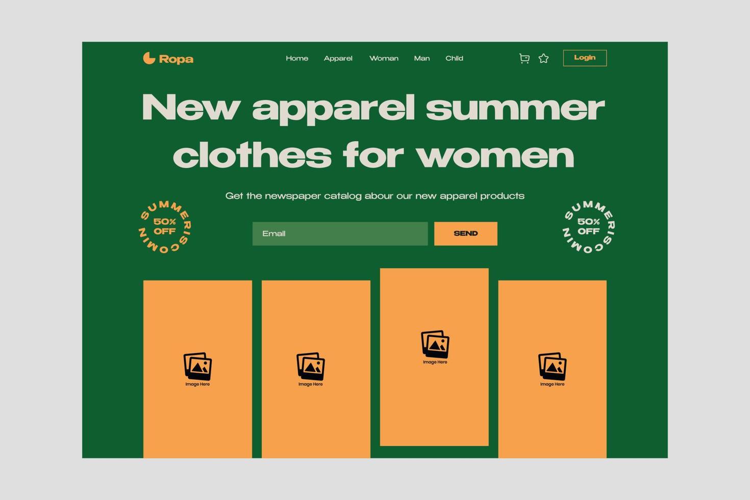 held zomer kleding vrouw bestemmingspagina ui ontwerp sjabloon vector. geschikte ontwerptoepassing voor Android en iOS. schone stijl app mobiel. webdesign vector