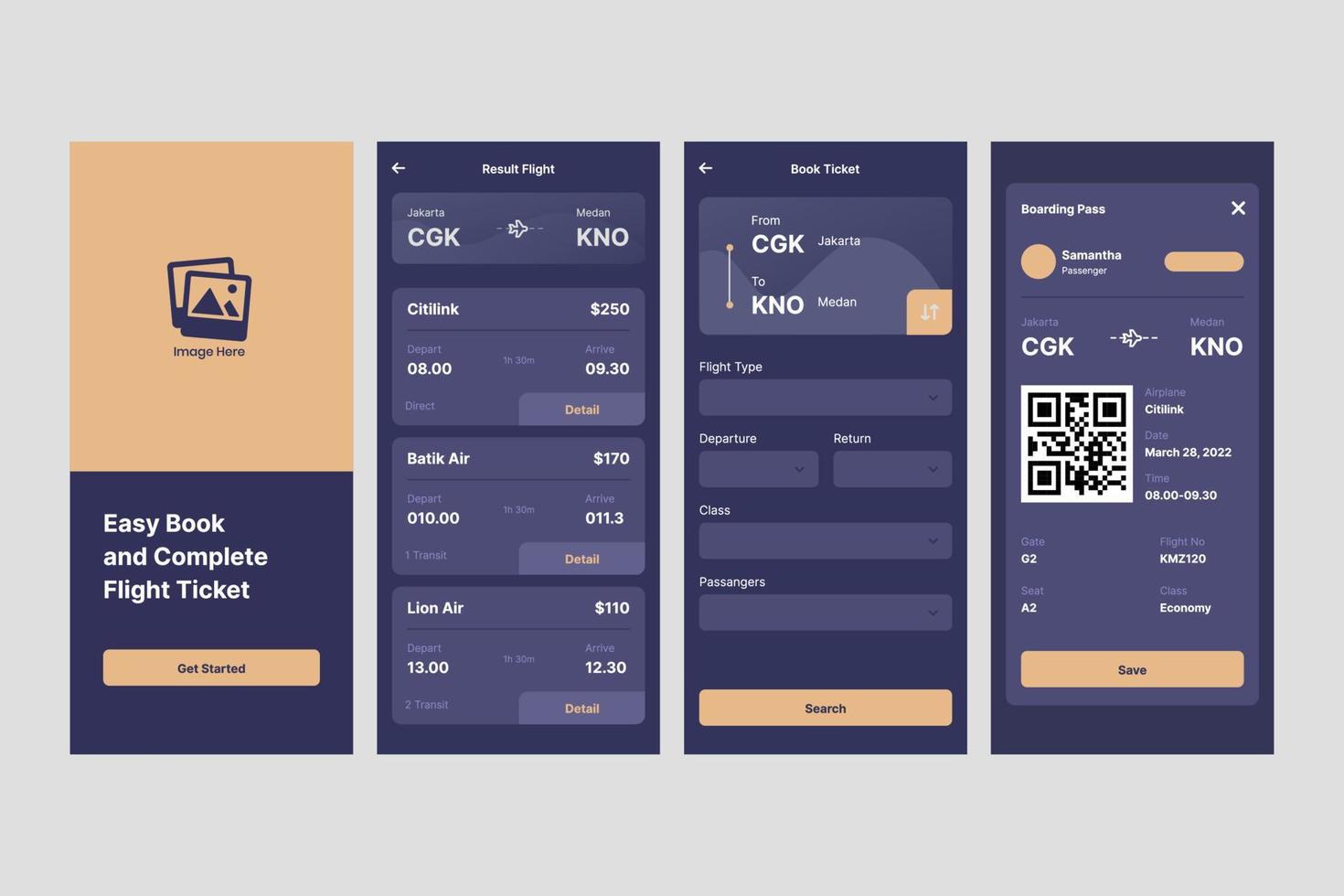 luchtvaartmaatschappij ticket ui ontwerp sjabloon vector. geschikte ontwerptoepassing voor Android en iOS. schone stijl app mobiel vector