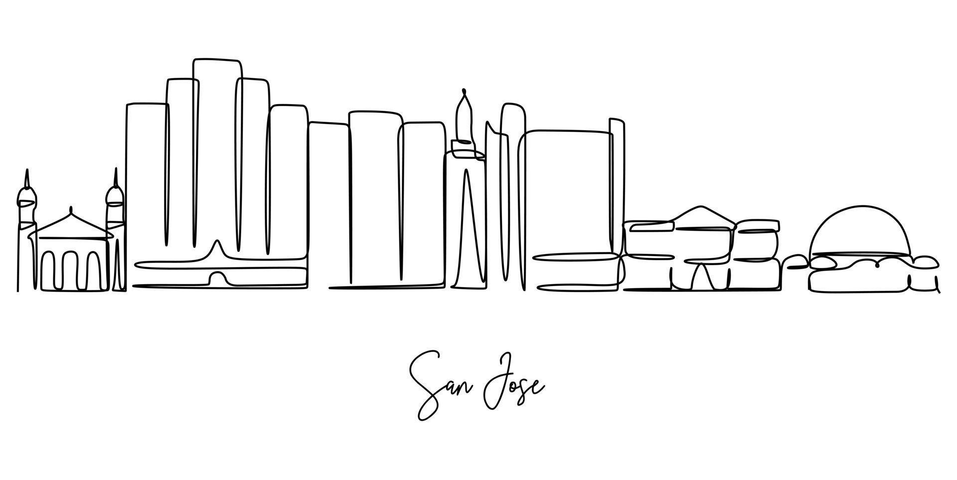 de skyline van de stad van san jose californië. doorlopende enkele lijntekening. vectorillustratie voor huisdecoratie kunst aan de muur of reisreclame vector