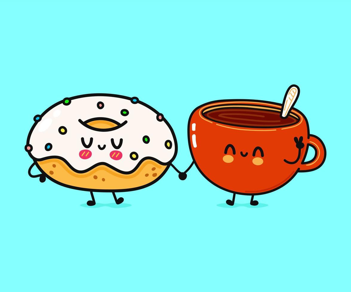 schattig, grappig gelukkig kopje koffie en donut karakter. vector hand getekend kawaii stripfiguren, illustratie pictogram. grappige cartoon kopje koffie en roze donut vrienden concept