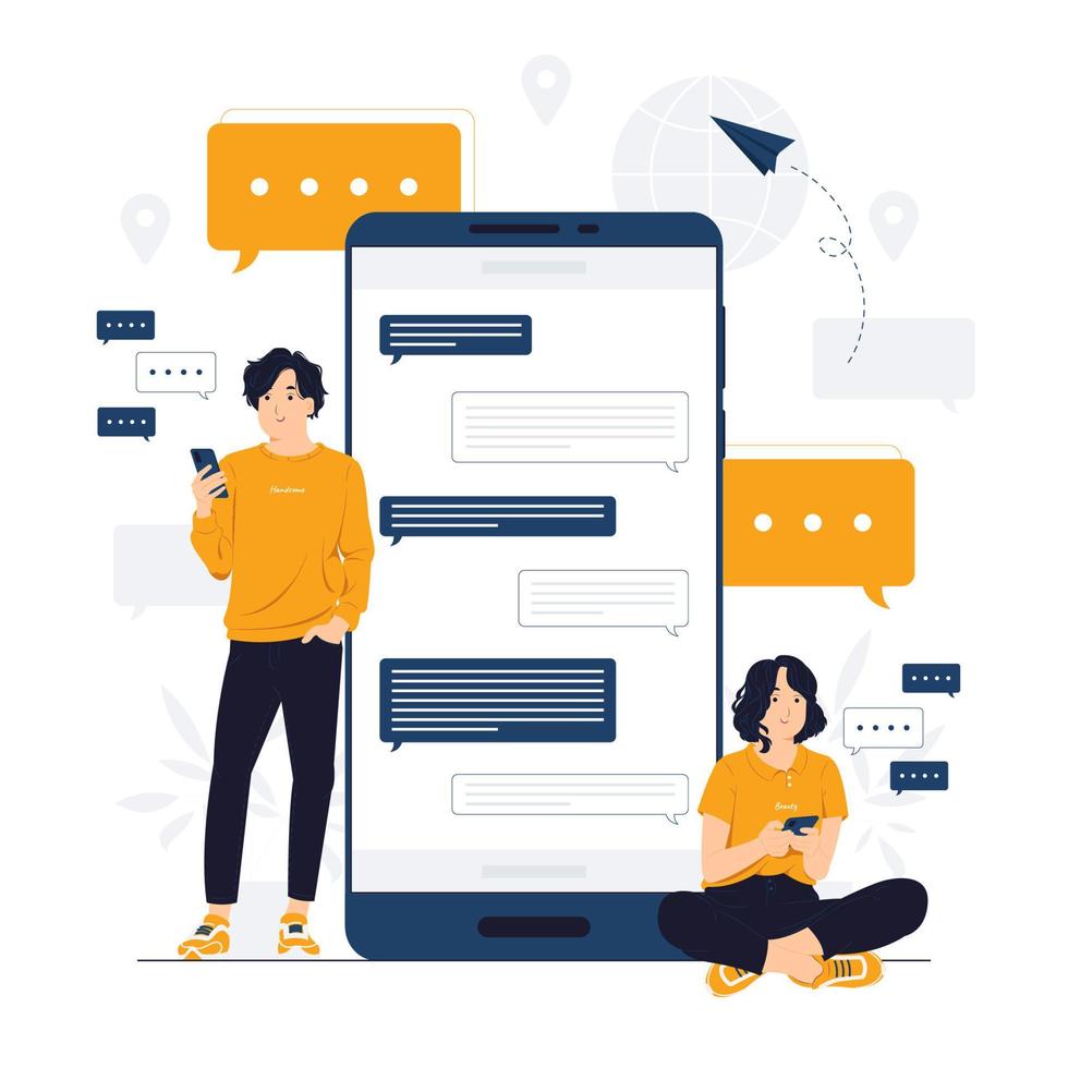 concept illustratie van man en vrouw vrienden met online gesprek, messaging, chatten, communicatie, sms'en, berichten in mobiele telefoon apps platte cartoon stijl vector