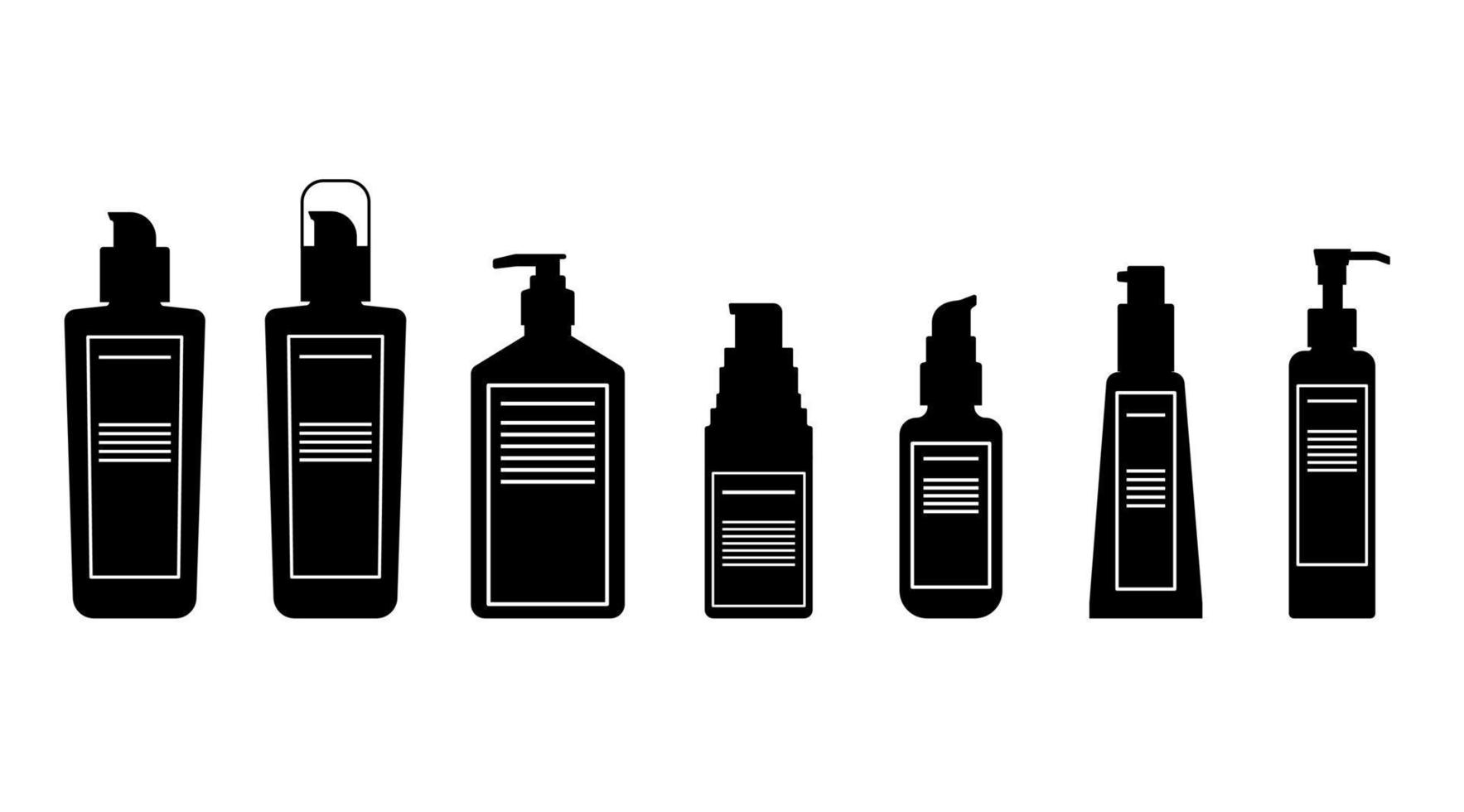 silhouet witte lijn label bodylotions, serum, huidverzorging pomp verpakking fles cosmetisch plat ontwerp vector