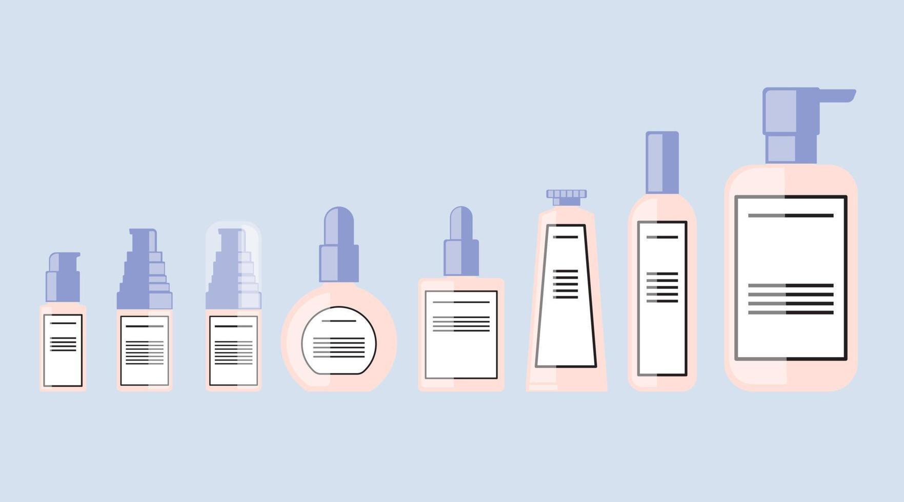 bodylotions, serum, huidverzorging, spray, crème, zonnebrandcrème pomp verpakking fles cosmetisch plat ontwerp vector