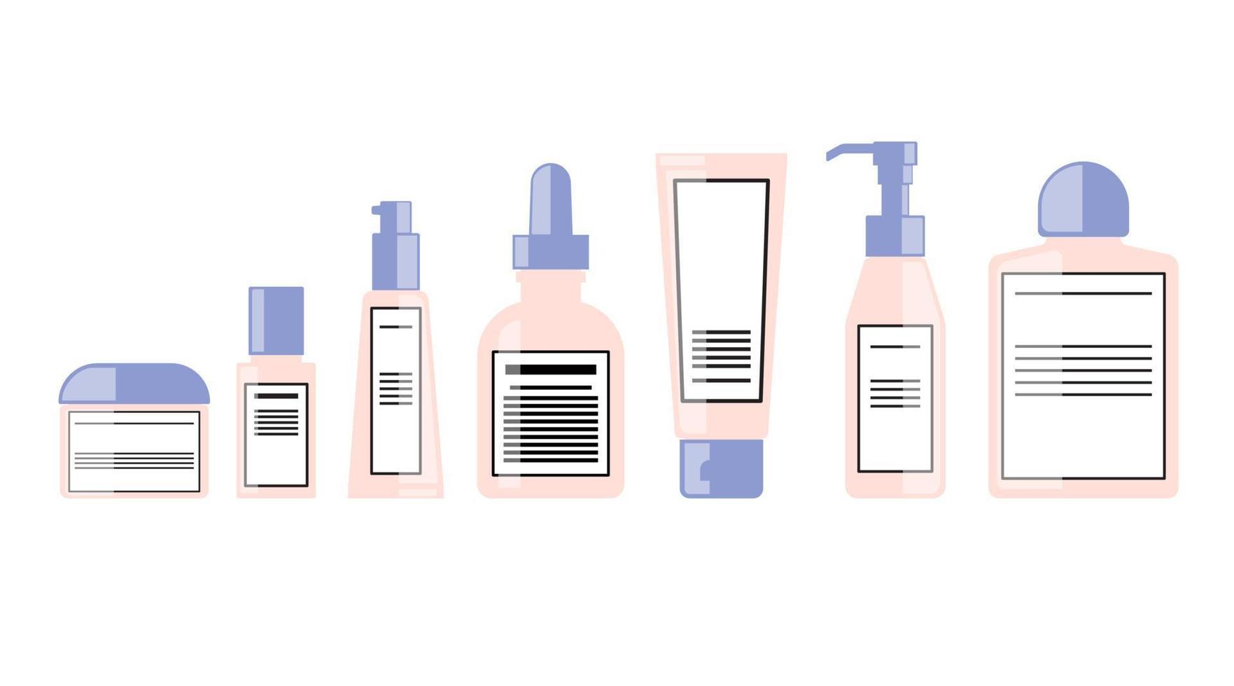 bodylotions, serum, huidverzorging, spray, crème, zonnebrandcrème pomp verpakking fles cosmetisch plat ontwerp vector