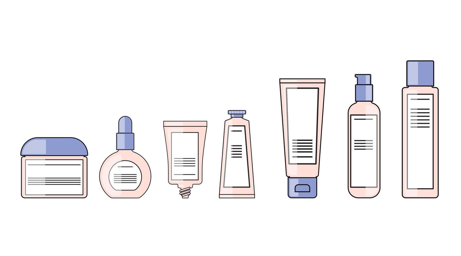 kleur en omtrek bodylotions, serum, zonnebrandcrème, crème verpakking pompfles cosmetisch plat ontwerp vector