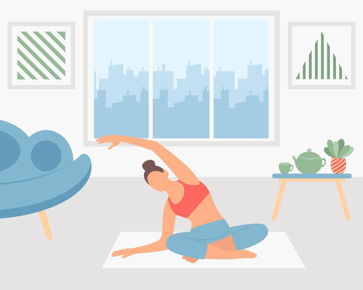 volwassen vrouw die thuis yoga beoefent vectorillustratie vector