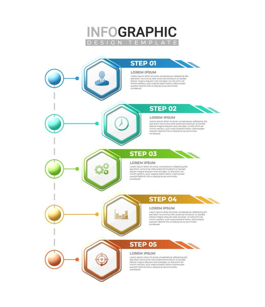 3D-realistisch infographic label in 5 stappen. horizontale infographic met kleurrijke gradiënt zeshoekige vorm. bedrijfsinformatie stappen met icoon vector