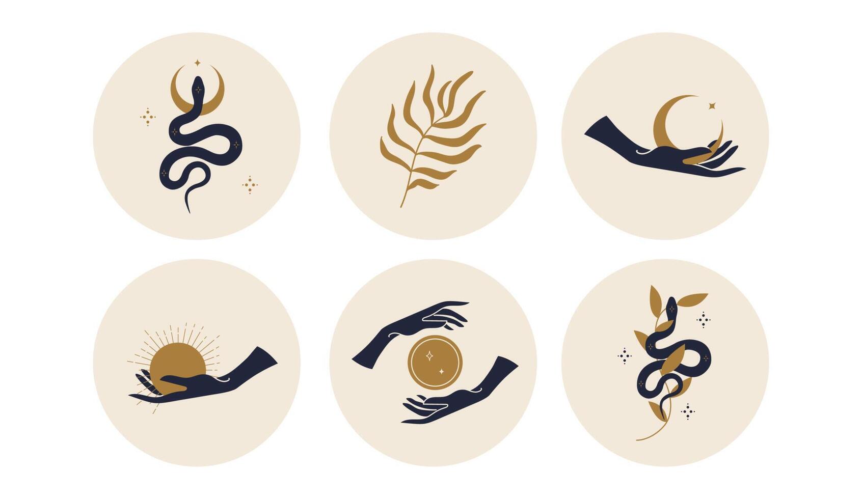 heilige iconen die de maan, de zon en slangen in cirkels afschilderen. vectorillustratie. set pictogrammen en emblemen voor nieuwsomslagen op sociale media. ontwerpsjablonen voor een yogastudio en een astroloogblogger vector