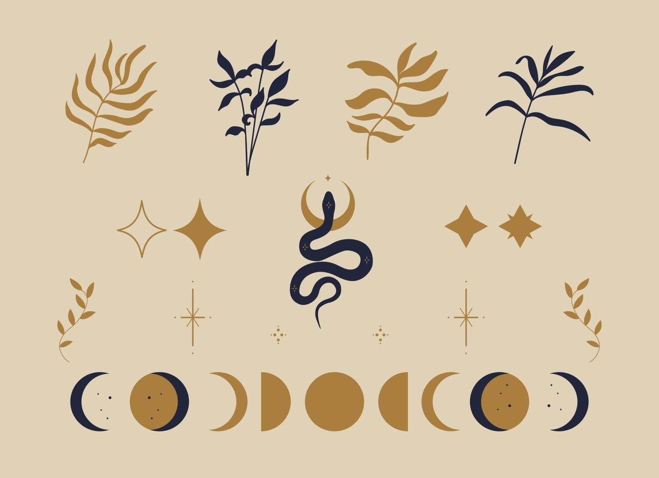 een set sjablonen voor logo's in een minimale lineaire stijl. mystieke set van zon, bladeren, kristallen, handen en maan vector