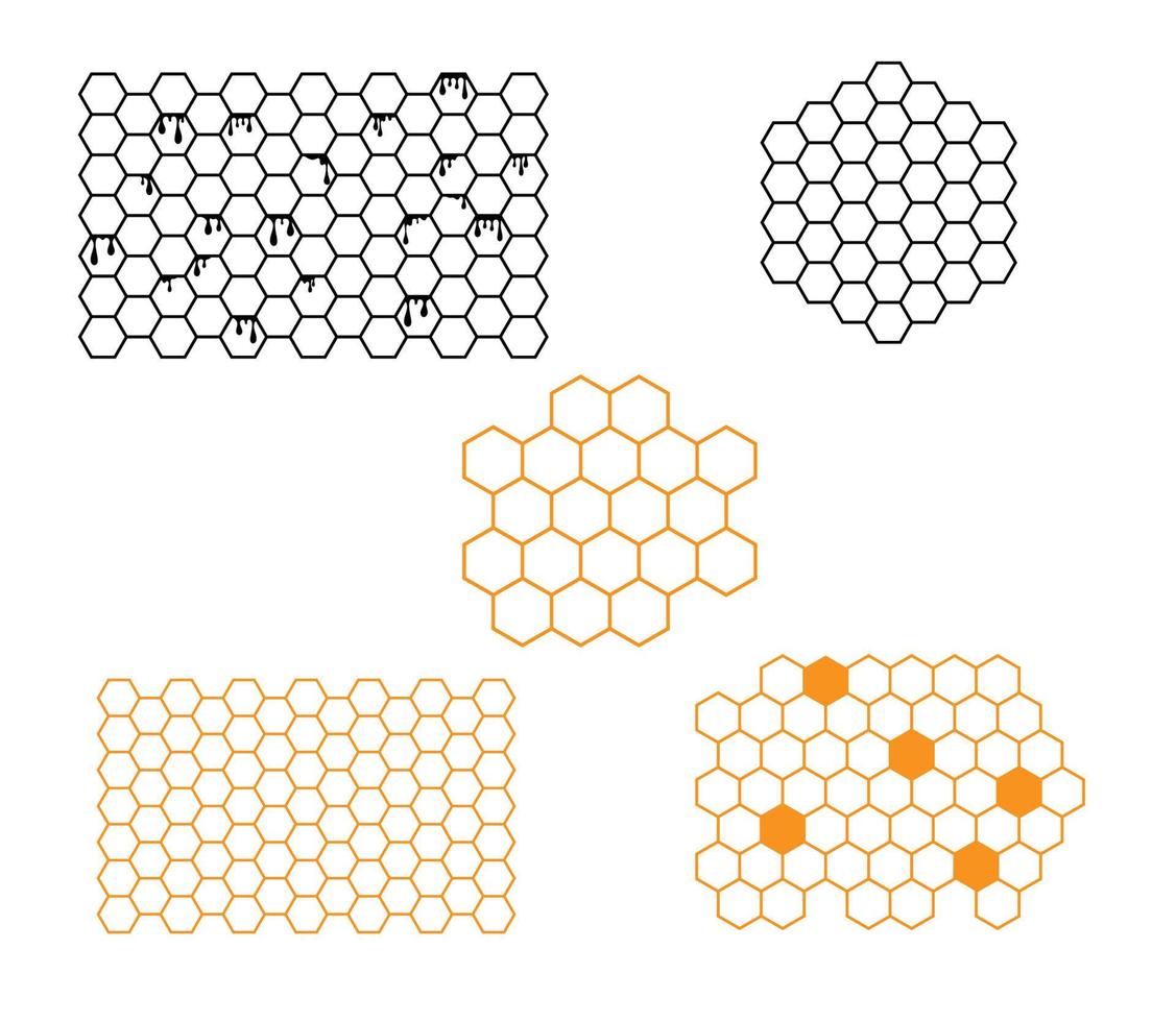 set van verschillende honingraat pictogrammen. zwart-wit vectorillustratie is geïsoleerd op een witte achtergrond. vector