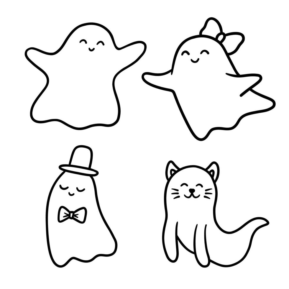 eenvoudige schattige geest, overzicht vectorillustratie geïsoleerd op wit. spookmeisje met boog, kattenglimlach. vector