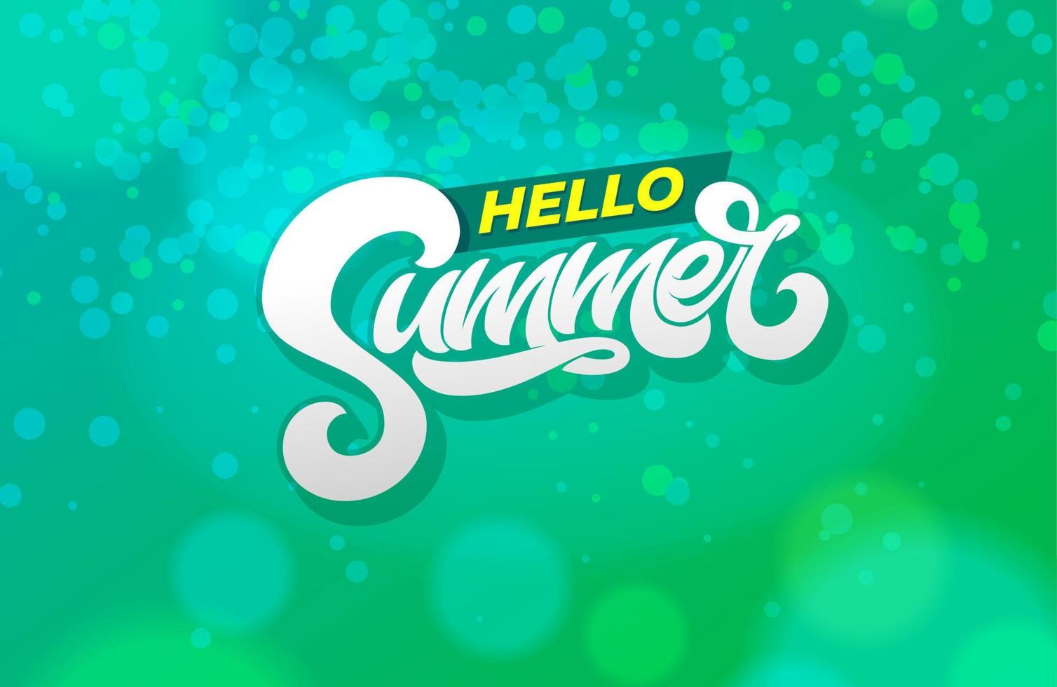 hallo zomer typografie op abstracte groene achtergrond. moderne penseelkalligrafie. vectorillustratie voor spandoek, poster, flyer, kaart, briefkaart, dekking, brochure. vector