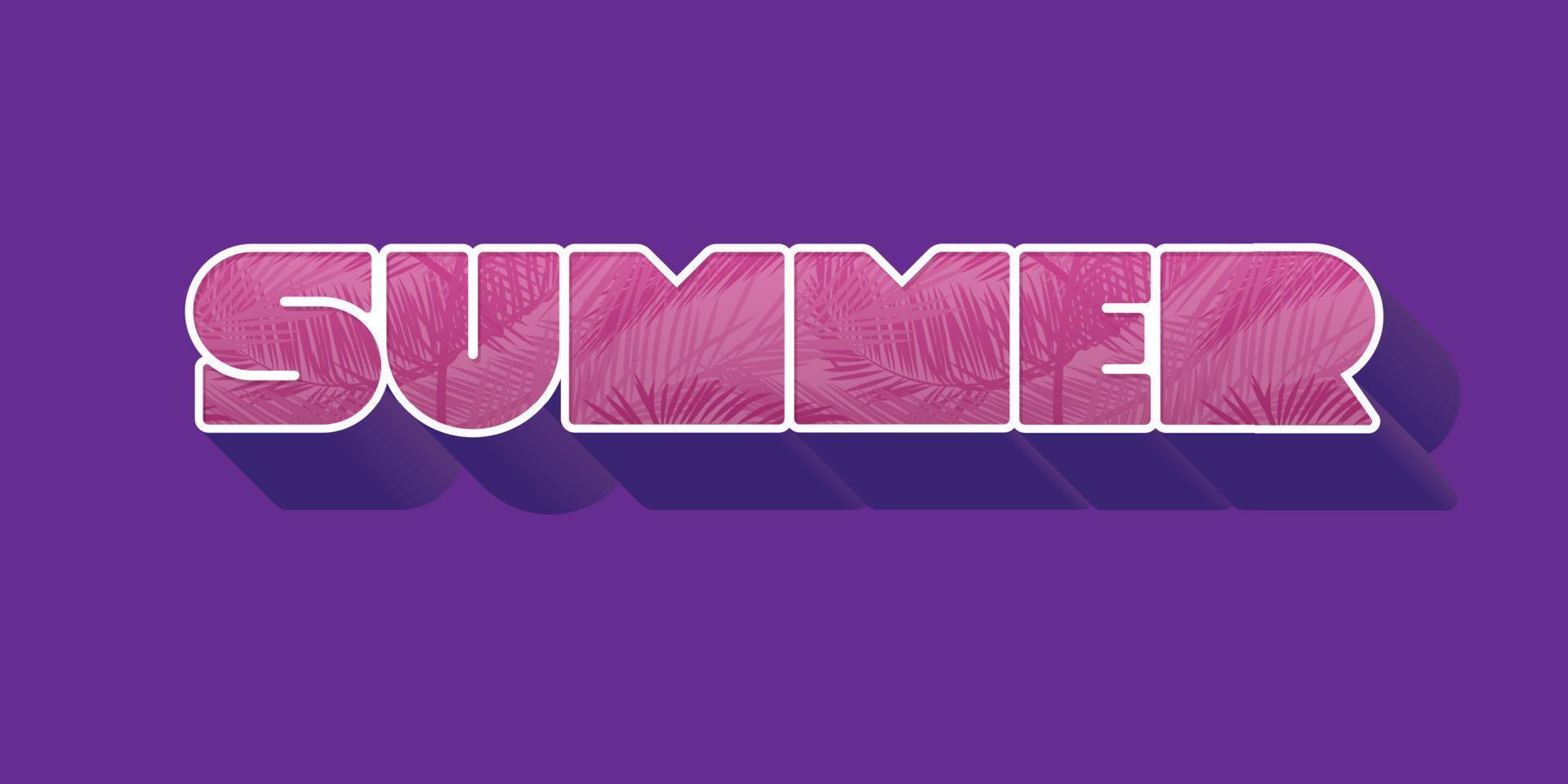 zomer extruderen roze inscriptie met tropische bladeren op paarse achtergrond. vectorillustratie met typografie voor shirt, zomer verkoop banner, korting, flyer, uitnodiging, poster. vector