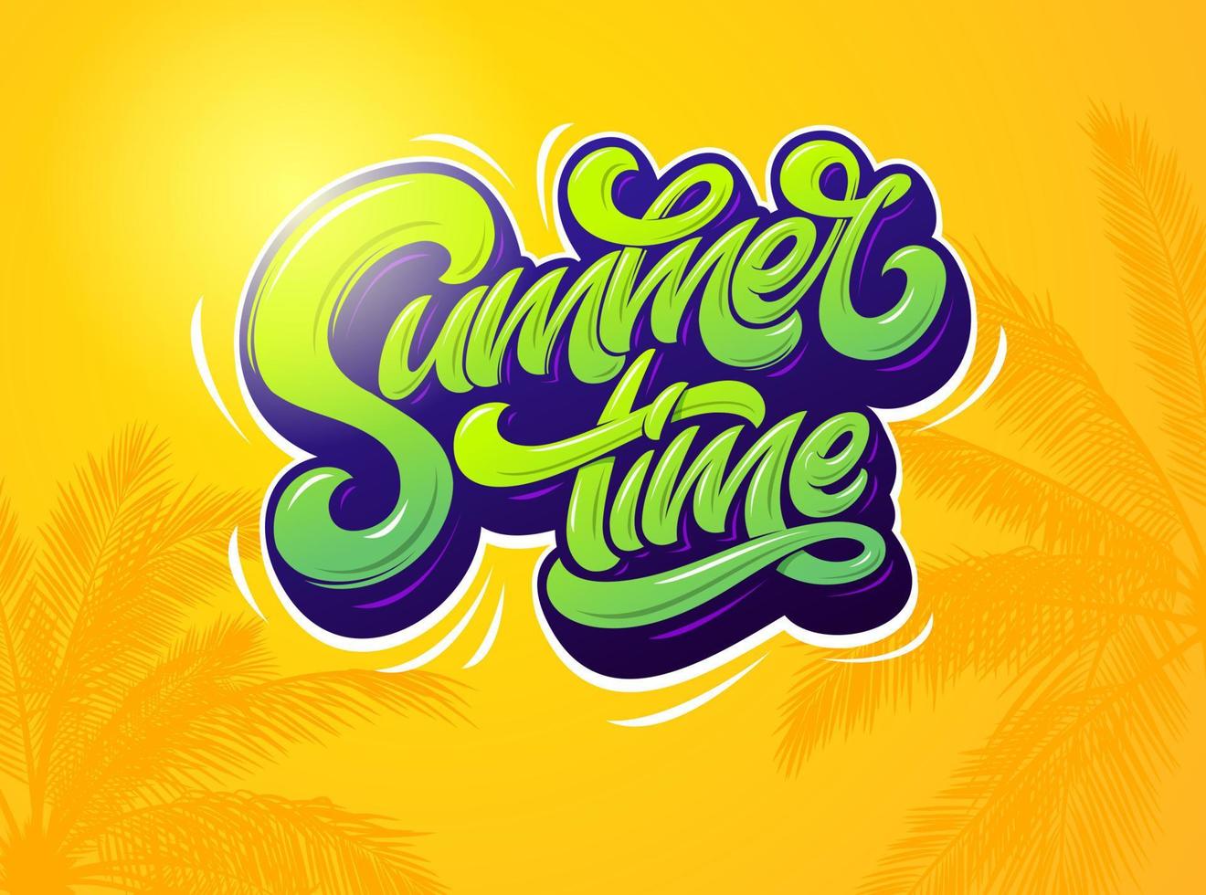 zomertijd typografie op oranje achtergrond met palmplanten. vector ontwerp illustratie. moderne typografie voor sticker, spandoek, poster, brochure, flyer, kaart. vectorbelettering.