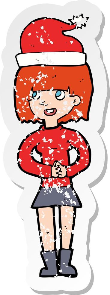 retro noodlijdende sticker van een cartoonvrouw klaar voor kerstmis vector