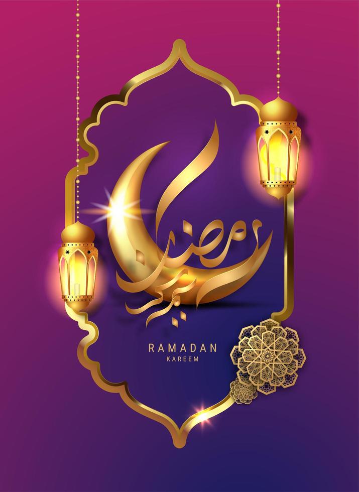 ramadan kareem ontwerp met maan en lantaarns op verloop vector