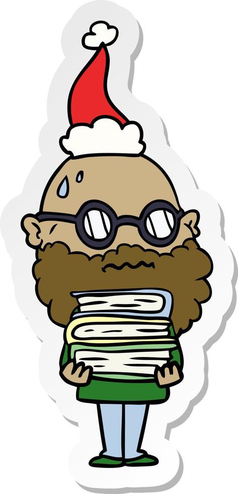 sticker cartoon van een bezorgde man met baard en stapel boeken met een kerstmuts vector