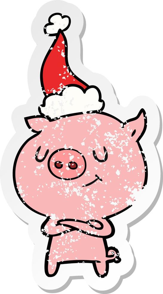 vrolijke, verontruste stickercartoon van een varken met een kerstmuts vector