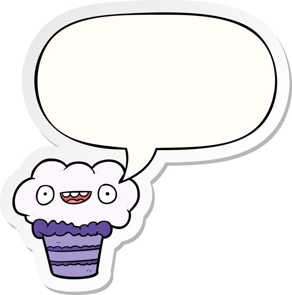 grappige cartoon cupcake en tekstballon sticker vector